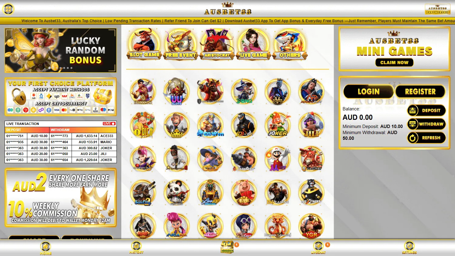 Ausbet33 Casino desktop home screen with casino offers and game access