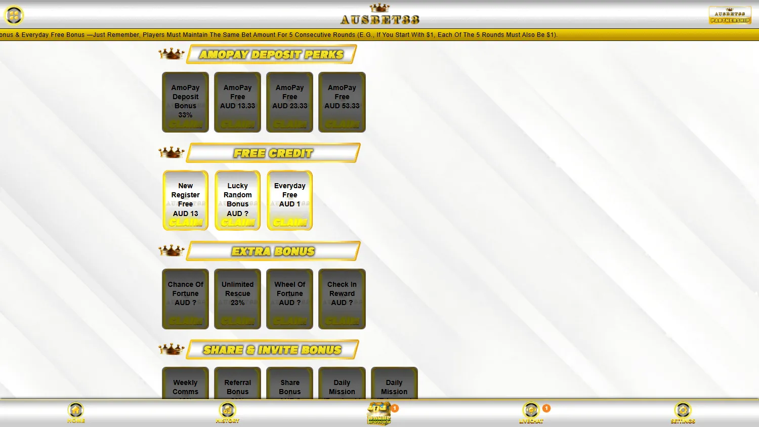 Ausbet33 Casino desktop promotions area with welcome and referral offers
