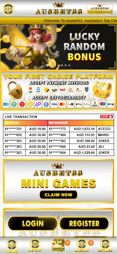 Ausbet33 Casino mobile home screen with casino categories and account access